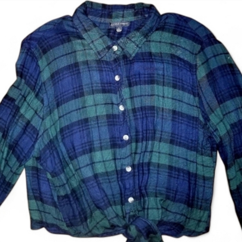 Style Envy Green Blue Plaid Tie Front Button Down Shirt Long Sleeves Lg - Picture 8 of 16